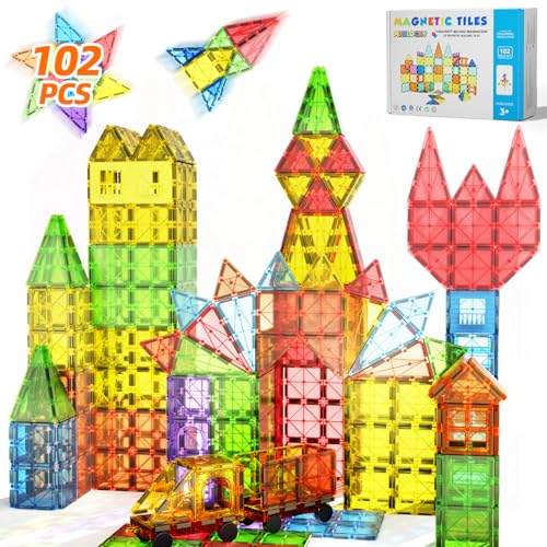 102PCS Bloques Construccion Magneticas Niños con 2 Coches Juguetes Regalo Niños Niñas 3 4 5 6 7 8+ Años Magnetic Tiles Blocks Creativo Educativos Juegos para Cumpleaños Navidad Nuevo Reyes Magos
