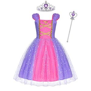 ACWOO Disfraz Rapunzel Niña, Disfraz Princesa Niña de Dibujos Animados con Corona y Varita, Vestido Princesa Niña de Soplo Tul Brillante, Disfraz Niña Halloween Fiesta Cosplay Cumpleaño, Morado, 100cm