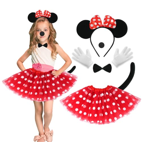 ACWOO Disfraz de Minnie Niña, 7Pcs Tutu de Lunares de Princesa con Diadema de Orejas de Ratón, Guantes, Pajarita, Nariz, Cola, Minnie Disfraces para Fiesta de Disfraces Navidad Halloween Carnaval