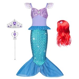 AOOWU Disfraz de Sirena para Niña, Juego de 4 piezas, Vestido de Sirena con Peluca, Corona Morada y Cetro, Disfraz Infantil para Carnaval, Fiesta, Halloween, Navidad, Cosplay (110 cm – Azul Púrpura)