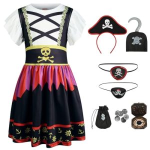 AUYAO Disfraz Pirata Niños, Set de 7Pcs Disfraces Piratas con Vestido, Sombrero y Parche en el Ojo, Conjunto de Niña Bucanero Vestid, Disfraz Halloween Niñas para Cosplay Carnaval Fiesta, 130cm