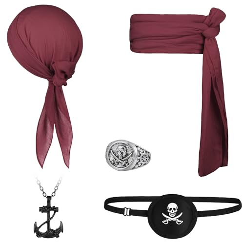 Alaoo Accesorios de Disfraz de Capitán Pirata, 5 Pcs Disfraz Pirata para Hombre, Bandana Pirata y Cinturón, Parches de Ojos Pirata, Collares y Anillos, para Fiestas Temáticas Días Divertidos, Burdeos
