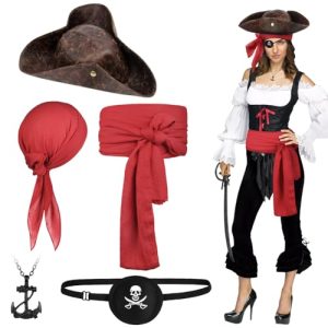 Alaoo Accesorios de Disfraz de Capitán Pirata, 5 Pcs Disfraz Pirata para Hombre, Bandana Pirata y Cinturón, Parches de Ojos Pirata, Collares y Sombrero, para Fiestas Temáticas Días Divertidos,Rojo