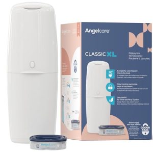 Angelcare Cubo para pañales Classic XL. Incluye un repuesto octogonal de alta capacidad y resistente a olores (1 mes – 210 pañales talla 1). Práctico, eficiente y económico.