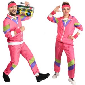Aomig Disfraces Años 80 Hombre Mujer, Disfraz Chándal Años 80 con Diadema Muñequera, Chándal Retro para Rockstar Carnaval Halloween Cosplay Fiestas Disfraz Neón Jogging, Rosa-M
