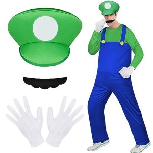 Aomig Disfraz Bros, 4pcs Set de Accesorios Adulto Classic con Guantes, Bigote y Gorra, Cosplay Disfraz Halloween Carnaval Navidad de Hombre, Mujer, Verde