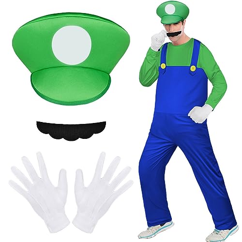 Aomig Disfraz Bros, 4pcs Set de Accesorios Adulto Classic con Guantes, Bigote y Gorra, Cosplay Disfraz Halloween Carnaval Navidad de Hombre, Mujer, Verde
