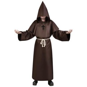 Aomig Disfraz de Monje Halloween, Disfraz de Sacerdote Medieval con Cruz y Capucha, Sacerdote Túnica Medieval Renacimiento Traje, Disfraz Halloween Adulto para Fiestas Carnaval, Marrón-M