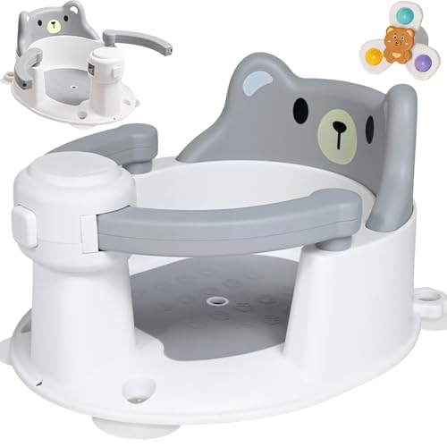 Asiento de Baño para Bebé de 6 meses o más, Asiento Ducha Bebe, Asiento Bañera Bebe Antideslizante con 4 Ventosas Fuertes, Silla Baño Bebe, Soporte Baño Bebe Portátil, para Ducha o Bañera (Gris)