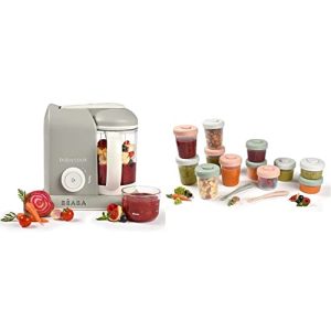 BÉABA Babycook Solo, Robot de cocina infantil 4 en 1, Tritura, Color Gris, 1 Unidad (Paquete de 1) & Lote de 12 Tarros de Conservación y 2 Cucharas de aprendizaje en Silicona, Verde (Eucalyptus)