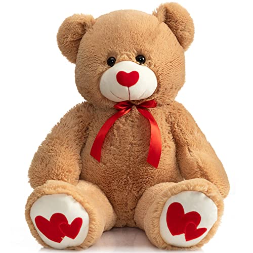 BEJOY Oso de peluche gigante de 91 cm, animal de peluche grande de oso de peluche con corazón rojo de amor para novia y niños, día de San Valentín, 36 pulgadas, color tostado