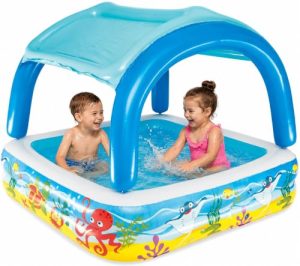 BESTWAY 52192 – Piscina Hinchable Infantil con Parasol Canopy 147x147x122 cm Multicolor con Animales Marinos 265 Litros Para Niños y Niñas Mayores de 2 Años