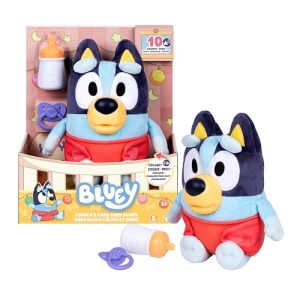 BLUEY Bebé mimos y cuidados, cuida, alimenta y Calma Bebé, Peluche electrónico de 28 cm con 10 Sonidos de bebé Diferentes, 2 Accesorios y pañal extraíble