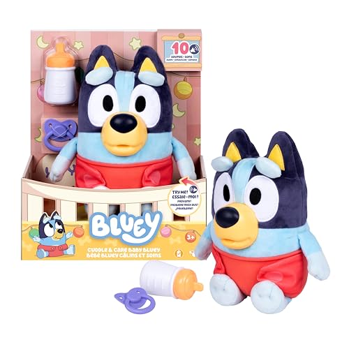 BLUEY Bebé mimos y cuidados, cuida, alimenta y Calma Bebé, Peluche electrónico de 28 cm con 10 Sonidos de bebé Diferentes, 2 Accesorios y pañal extraíble