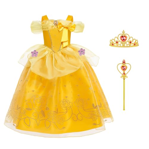 BSBUY Disfraz Princesa Bella Niña, 3pcs Vestido Bella y Bestia Niña Clásico Con Gran Arco y Accesorios para Fiesta Cosplay Cumpleaños Navidad, 110cm
