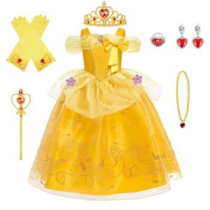 BSBUY Disfraz Princesa Bella Niña, Vestido Bella y Bestia Niña Clásico Con Gran Arco y Accesorios para Fiesta Cosplay Cumpleaños Navidad, 110cm