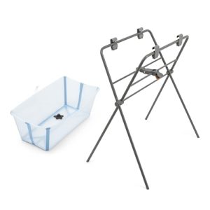 Bañera Flexi Bath de Stokke (Ocean Blue) + Soporte – Bañera Plegable para Bebés hasta 10 kg – Duradera y Fácil de Guardar – Cómoda en Casa o Viaje