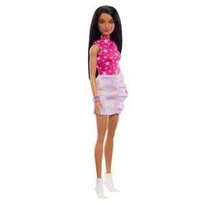 Barbie Fashionistas Muñeca n. 215, muñeca de moda coleccionable del 65 aniversario con pelo negro liso, top rosa con estampado de estrellas y una falda iridiscente – Para niños y niñas + 3 años, HRH13