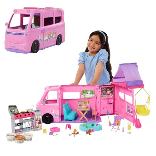 Barbie Súper Caravana DreamCamper Conjunto de juego con tienda de campaña en el techo, columpio, estanque de pesca, barbacoa con función de cambio de color y más de 60 accesorios, incluida masa, HRJ78