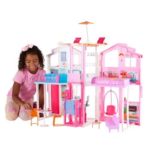 Barbie Supercasa, casa de muñecas con Accesorios , con Cuatro Habitaciones, terraza en la azotea, Detalles realistas, Piscina y Muebles, DLY32
