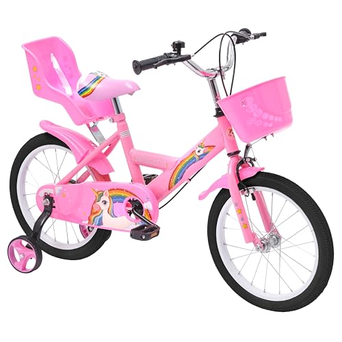 Baroni Toys Bicicleta para niñas de 12, 14 y 16 Pulgadas con portabicicletas Unicornio y Ruedas Incluidas, Bicicleta de Acero con Cesta para niñas de 2 a 7 años (16 Pulgadas)