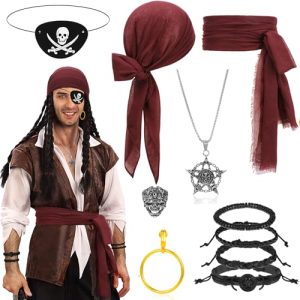 Beipegin 10 Piezas Disfraz Pirata para Hombre y Mujer – Pañuelo, Parche, Bandana, Aretes, Collar y Accesorios Vintage – Disfraz Medieval para Halloween y Carnaval