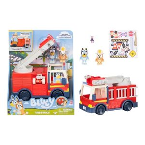 Bluey Camión de Bomberos Figuras exclusivos Bingo bombera y Bob Bilby. Eleva la Escalera, gírala y desenrolla la Manguera. Incluye una Hoja de Pegatinas
