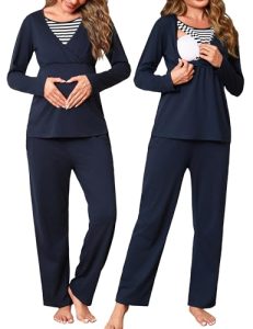 Bresdk Pijamas de Lactancia para Mujer Invierno Algodón – Conjunto Ropa de Dormir con Camiseta Lactancia Manga Larga y Pantalon Premama Rayas Pijamas para Embarazadas de Dos Piezas