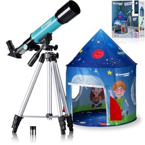 Bresser – Telescopio Refractor Junior 50/360 para niños – Juego de iniciación a la astronomía con Tienda, telescopio Refractor, trípode, Montura azimutal, oculares y Espejo cenital