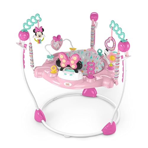 Bright Starts, Disney Baby, Saltador y Centro de Actividades Minnie Mouse Forever Besties, 10 juguetes de actividad, andador con música y luces, gira 360°, ajustable, rosa, a partir de 6 meses