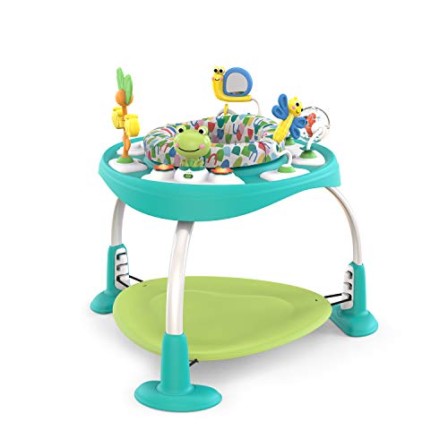 Bright Starts, Saltador y Mesa de Actividades Bounce Bounce Baby 2 en 1, Crece con Bebé, 7 Jugetes Interactivos, Sonidos y Música, Verde, 6 Meses+