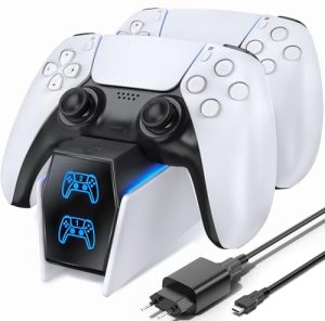 Cargador Mando PS5 con EU-Adaptador, 2H Rápido Base Carga Mando PS5, Accesorios PS5 para Estación de Carga PS5