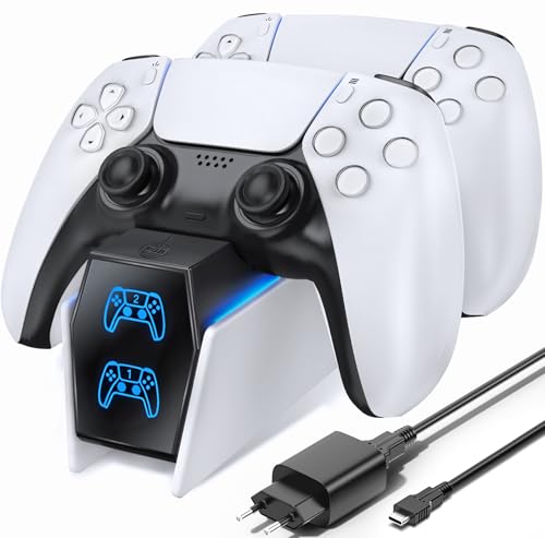 Cargador Mando PS5 con EU-Adaptador, 2H Rápido Base Carga Mando PS5, Accesorios PS5 para Estación de Carga PS5