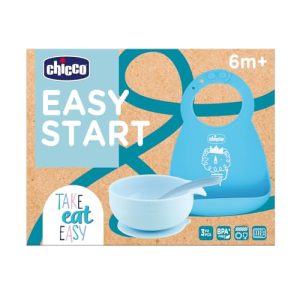Chicco Set Papilla Easy Start, Set Silicona Antideslizante, Sin BPA, Set de 3 Piezas Compuesto: Babero Rígido Easy Roll, Tazón Fácil Con Ventosa y Cuchara, 6M+, Azul