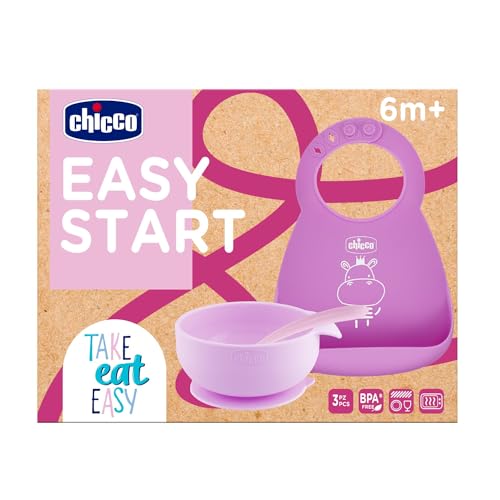 Chicco Set Papilla Silicona Easy Start, Set Papilla Antideslizante, Sin BPA, Set de Destete de 3 Piezas Compuesto de Babero Rígido Easy Roll, Tazón Fácil Con Ventosa y Cuchara, 6M+, Rosa