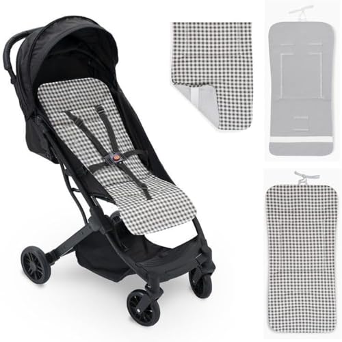 Colchoneta Silla Paseo Universal Verano Funda Carrito Bebe 100% Algodon Transpirable Reversible Apta Silla Inglesina Suave Carro Bebe Altura Ajustable Hombros y Cintura Antideslizable (Vichy Gris)