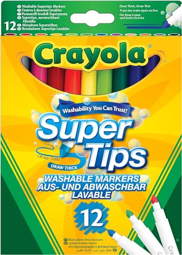 Crayola – Super Tips, Rotuladores Lavables de Punta Media, Paquete de 12, Para la Escuela y el Ocio, 12 Colores, a Partir de 3 Años, 7509