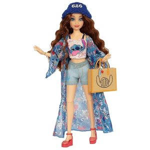 DISNEY STORE Muñeca Fashion 30 cm Inspirada en Stitch de Verano – Incluye 2 Outfits y Accesorios – hasta 10 Puntos de Articulación, Brown Wavy Hair Stitch Fashion Doll