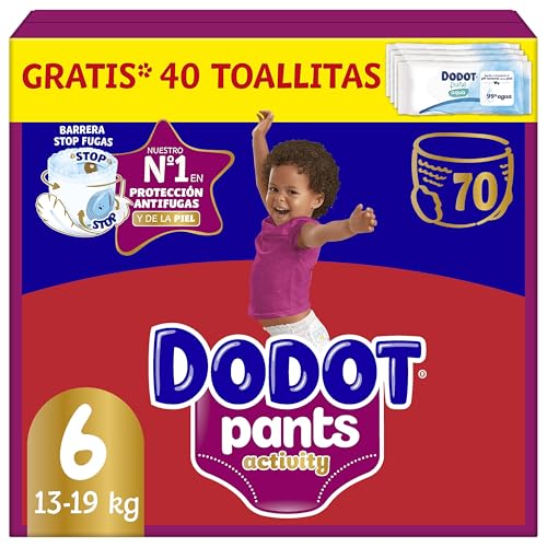 Dodot Activity Pants Pañal-Braguita Talla 6, 70 Pañales, 14kg – 19kg, Con Barrera STOP Fugas Que Ayuda A Prevenir Fugas Traseras