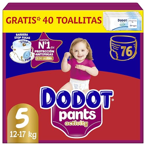 Dodot Pañal-Braguita Activity Pants , Talla 5 (11-17 kg), 76 Pañales + Regalo de 1 Pack de 40 Toallitas, Con Ajuste 360 anti-fugas extra suave