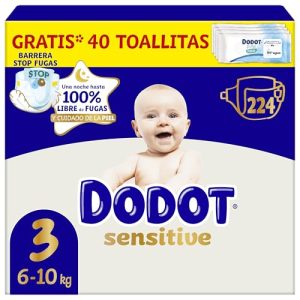 Dodot Pañales Bebé Sensitive, Talla 3 (6-10 kg), 224 Pañales + Regalo de 40 Toallitas Aqua Pure 99% Agua, Hasta 12 h De Protección Antifugas y Cuidado de la Piel, Pack Mensual