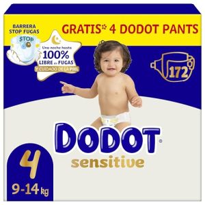 Dodot Pañales Bebé Sensitive Talla 4, 172 Pañales, 9kg – 14kg, Óptima Protección de la Piel de Dodot