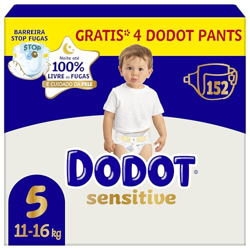Dodot Pañales Bebé Sensitive Talla 5, 152 Pañales, 11kg – 16kg, Óptima Protección de la Piel de Dodot