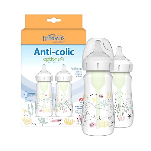 Dr. Brown’s Biberón Anticólicos de Boca Ancha Options+ Océano 270 ml – Sistema Patentado con Ventilación Interna – Incluye Tetina Nivel 1 de Flujo Lento +0 Meses – Sin BPA – Pack de 2 Unidades