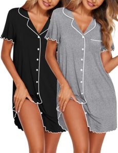 Ekouaer Camisón Mujer Manga Corta con Botones 2 Piezas Verano Cuello V Tipo Cárdigan Vestido Pijamas Camison Lactancia Negro/Gris Claro M