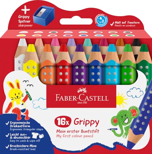FABER-CASTELL – Set de lápices de colores Grippy, 16 piezas y sacapuntas