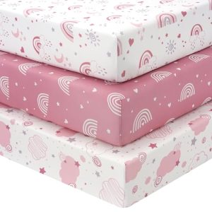 Fiemol Sábanas Bajeras Cuna 120×60 cm, Juego de 3 Sábanas para Cuna de Bebé, con Esquinas Elásticas, Microfibra Ultra Suave y Sedosa, Rosa y Arcoíris