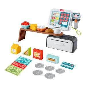 Fisher-Price Laugh & Learn Juguete de aprendizaje para niñas y niños pequeños Caja registradora para contar y comprar, tienda de juguete con 20 piezas, versión multilingüe, a partir de 2 años, JGX00