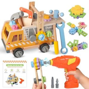Fozcmisw Juego de Herramientas Niños 40 Piezas, Caja Herramientas Juguete de Madera Montessori, Banco de Trabajo Camión Volquete 2 en 1, Juguete Educativo Regalo Niños Niñas 2 3 4 5 Años