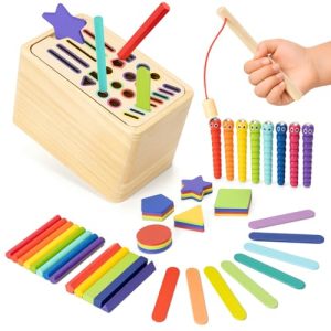 Funsland Juguetes Niños 1 2 3 Años Montessori – 4 en 1 Juegos Motricidad Fina, Sensorial de Madera Clasificar Formas y Colores, Juegos Educativos, Regalos de Viaje para Niños Niñas